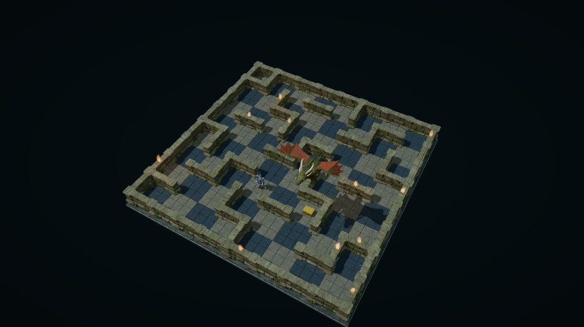 Le dragon en vol au-dessus du damier de pierre et de ses murs texturés.