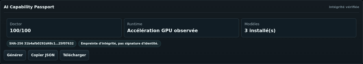 Module Instantané de capacités IA dans OutilsIA Local Cockpit avec Doctor, runtime, modèles et checksum SHA-256
