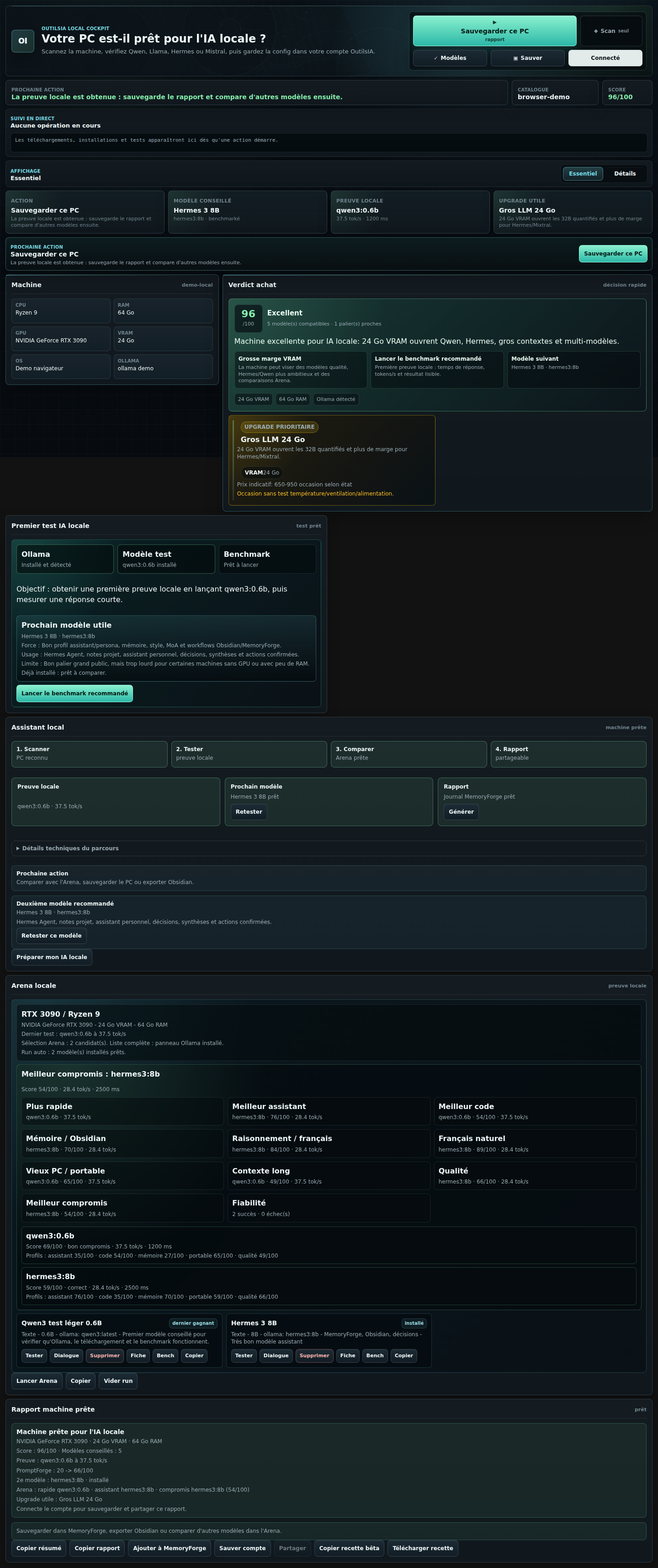 Interface desktop OutilsIA Local Cockpit après scan avec décision rapide, preuve locale, Arena et modèles compatibles