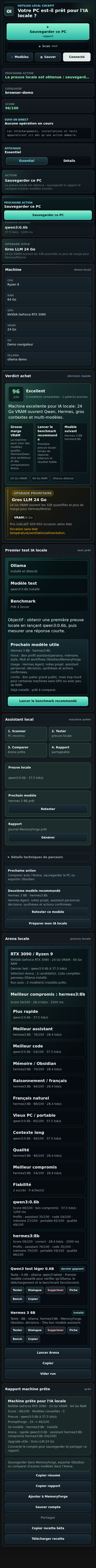 Version mobile de l'interface OutilsIA Local Cockpit après scan avec action principale, modèle conseillé, preuve locale et upgrade utile