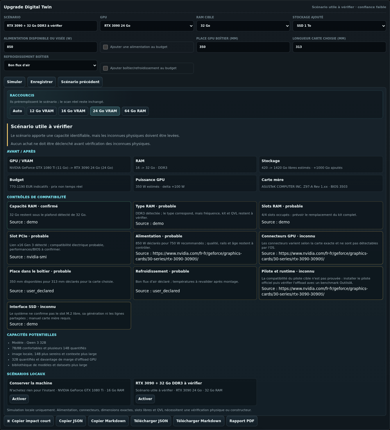 Upgrade Digital Twin v1 comparant un scénario RAM GPU alimentation et boîtier dans OutilsIA Local Cockpit