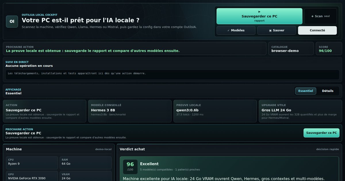 OutilsIA Local Cockpit affiche le diagnostic matériel et les modèles compatibles