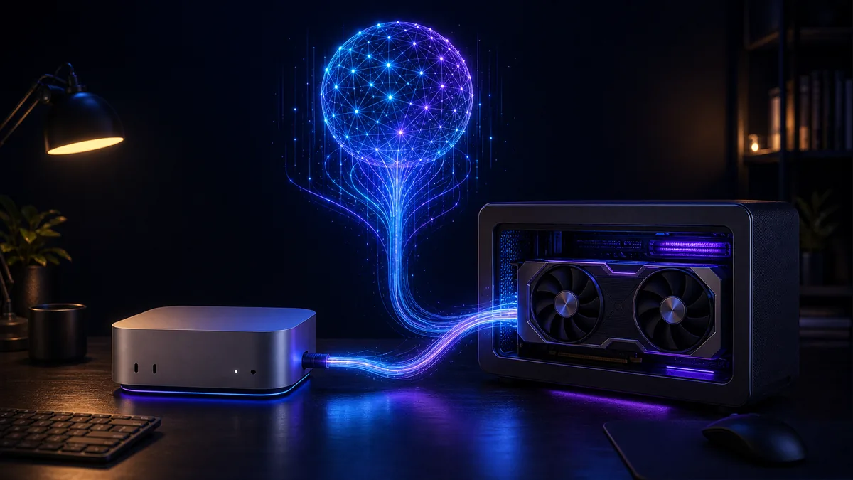 Boitier eGPU NVIDIA connecte a un Mac Mini pour l IA locale