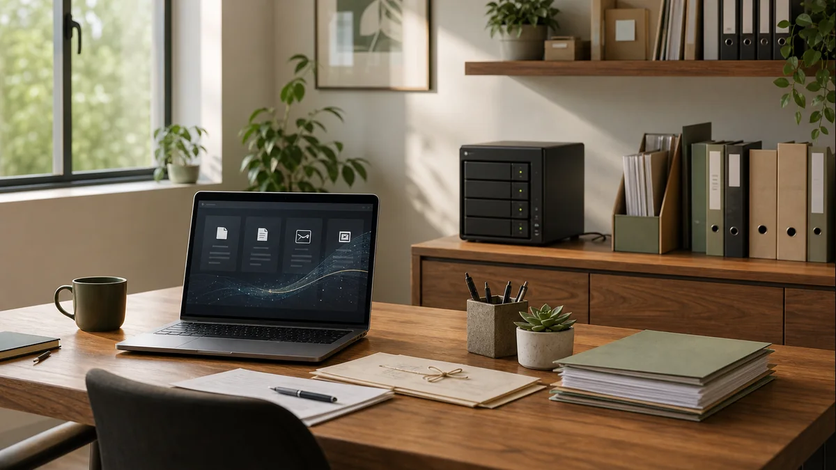 Bureau PME avec serveur local IA et documents prives