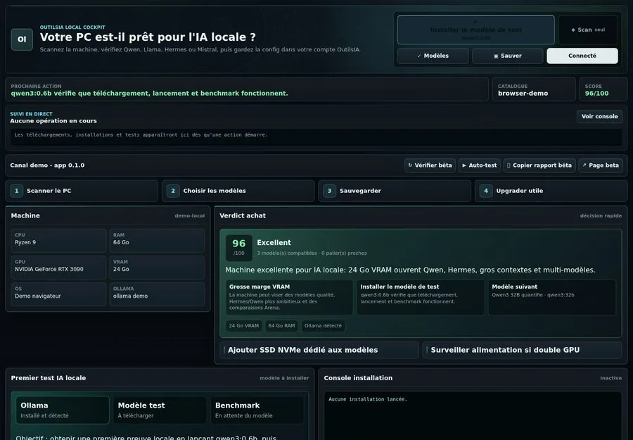 OutilsIA Local Cockpit après scan : modèles recommandés et actions