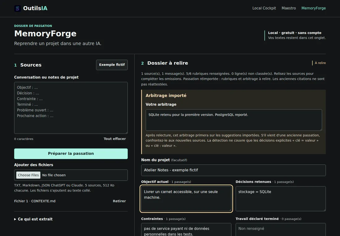 Dossier fictif réimporté : arbitrage SQLite et nom du projet conservés, relecture requise